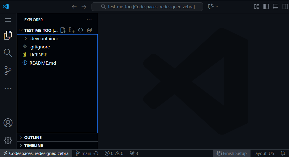 A freshly loaded Codespace showing the file explorer sidebar on the left and the README open in the main editor.