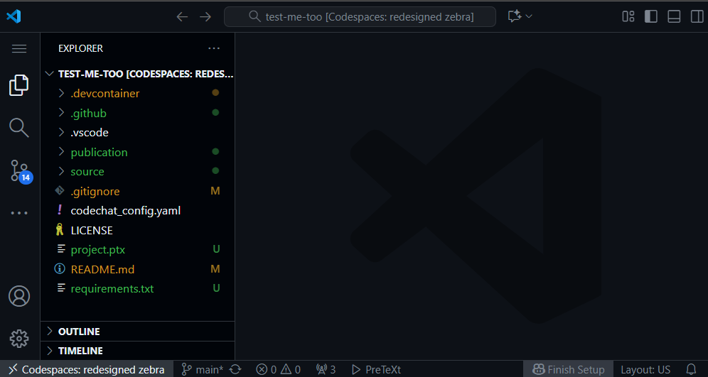The Codespace after initializing a book project, with source, assets, and project.ptx visible in the file explorer.